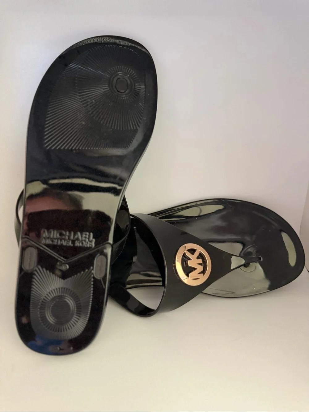 Michael Kors Black Patent Logo Jelly Thong Sandals with Gold Emblem